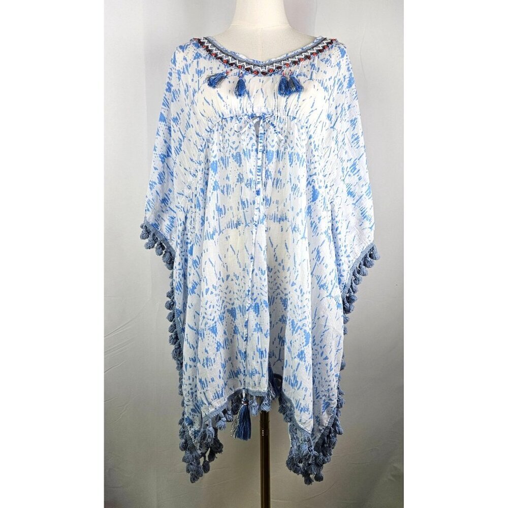 Debbie Katz South Beach Medium Blue Coverup Top Kaftan Tassel Details